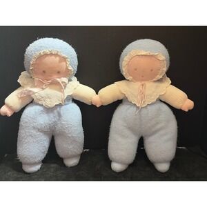VTG Corolle France Soft Body Baby Dolls Blue Plush Lace Trim Set of 2 Girl Boy